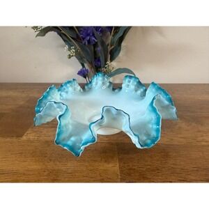 Vintage Blue Opalescent Hobnail Ruffled Bowl Aqua Milk Glass Centrepiece Dish